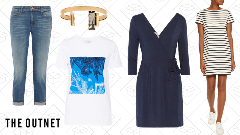 J-Brand Cropped Ellis Jeans, $62 | Sandro Tonight Printed T-Shirt, $33 | Elizabeth Cole Jayden Cuff, $41 | Tart Collections Isabella Dress, $49 | Iris and Ink Daisy Dress, $59